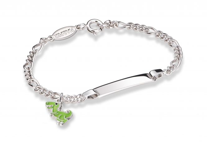 Hovedbilde ID-armbånd i sølv - Grønn dinosaurus 26914